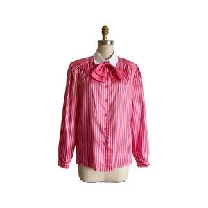 Vintage 1980s Pink Striped Secretary Blouse with Ascot Bow by Pykettes Size L